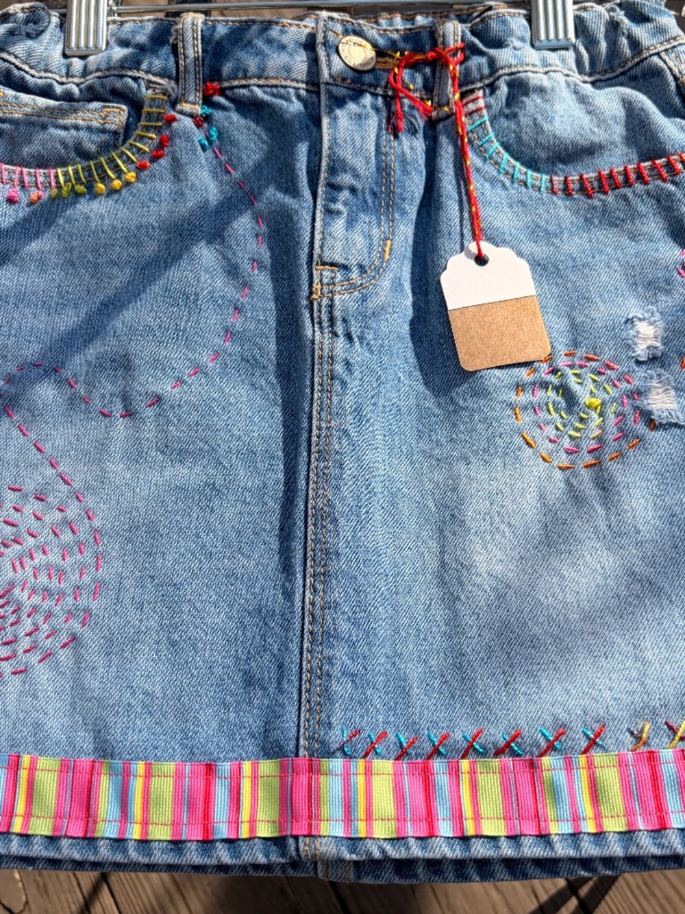 girls upscale denim skirt by artist Jeanne Prom, one of a kind size 8 regular